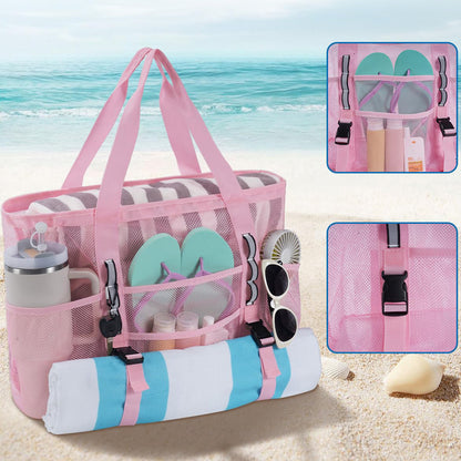 Mesh Beach Bag Large Capacity Tote Bag - Pink