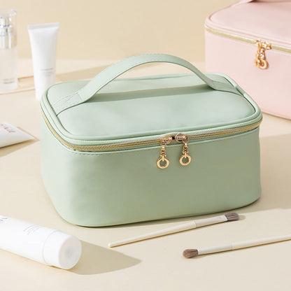 PU Leather Makeup Bag Large Capacity Travel Cosmetic Bag Toiletry Bag for with Handle and Divider Green
