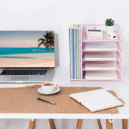 Metal File Organizer Rack Desktop Storage Shelf for Office Home Pink