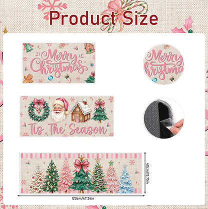 3 Piece Christmas Kitchen Floor Mat Set - Pink Christmas Tree