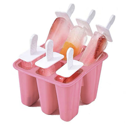6 Cavity Ice Cream Mould Block Popsicle Molds Ice Lolly Mold With Sticks -Pink