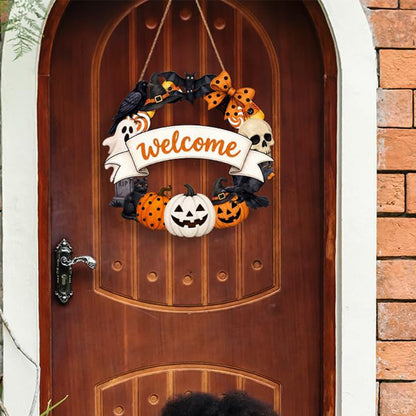 2 Pack Engineered Wood Halloween Ghost Pumpkin Hanging Door Signs - Welcome