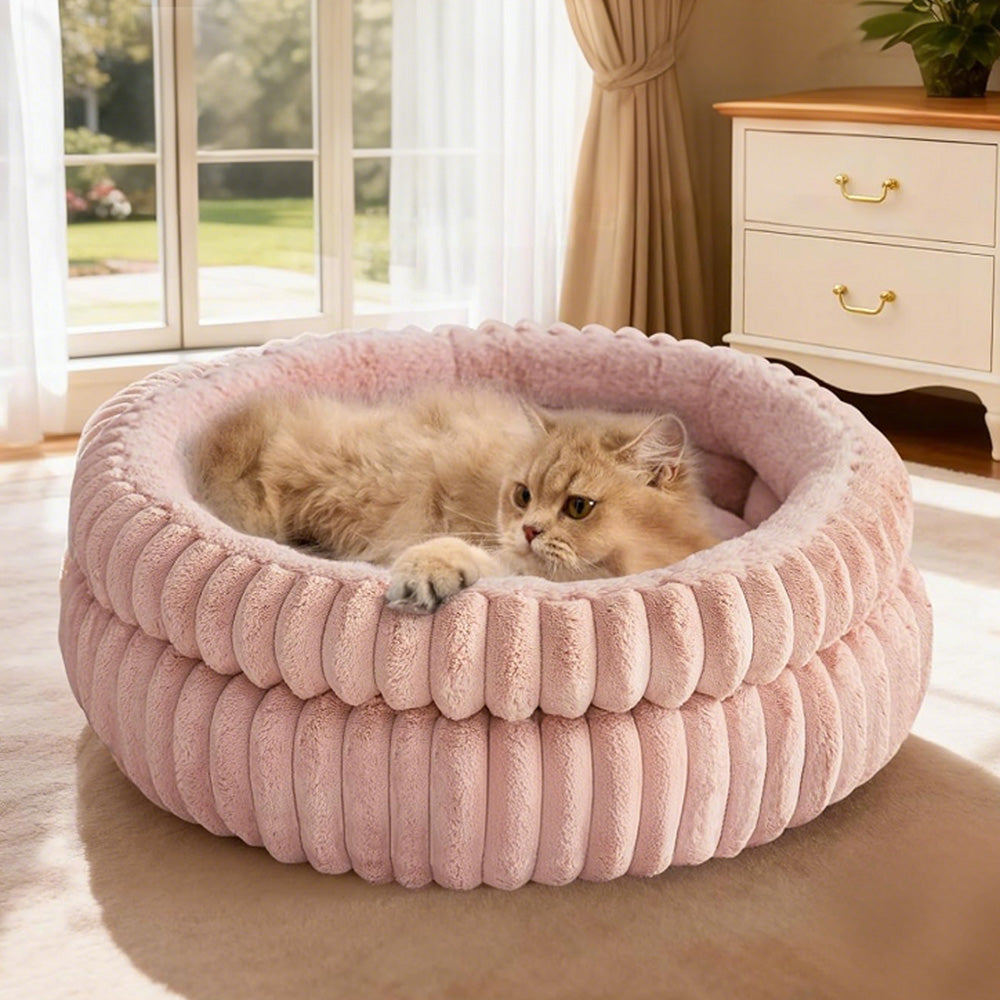 Donut Plush Pet Dog Cat Bed Fluffy Soft Warm Nest for Indoor Cats Small Dogs-Pink