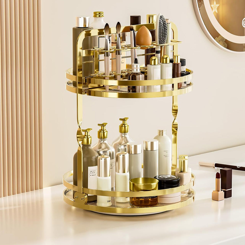 Rotating Makeup Organizer Double Layer with Brush Holder for Skincare Perfume-Gold