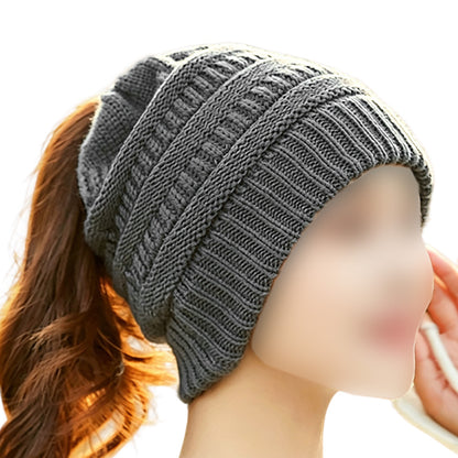 Winter Cable Knit Ponytail Beanie High Bun Crochet Hat - Grey