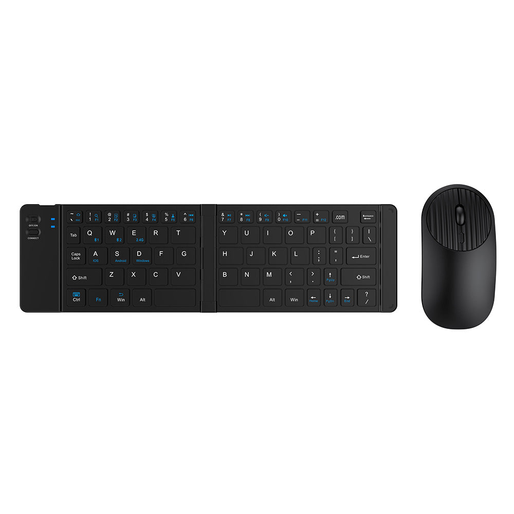 Foldable Wireless Keyboard Mouse Set Tri-Mode Bluetooth 2.4G Rechargeable - Black