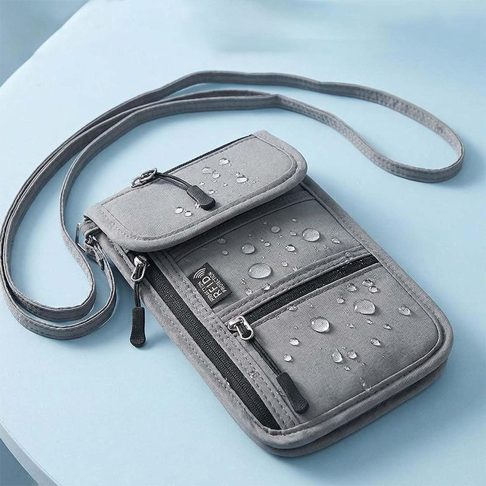 RFID Lined Travel Passport Holder Neck Wallet- Grey