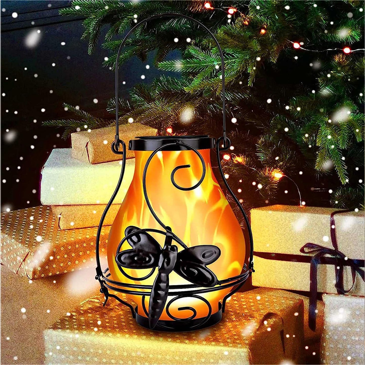 Waterproof LED Flame Lights Metal Solar Lantern Outdoor Hanging Lanterns -Dragonfly Flame Lamp