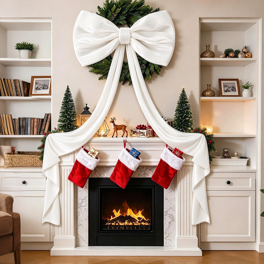 Oversized Velvet Christmas Tree Bow with Long Streamers - White