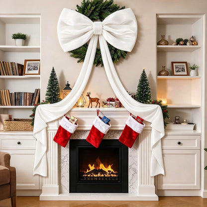 Oversized Velvet Christmas Tree Bow with Long Streamers - White
