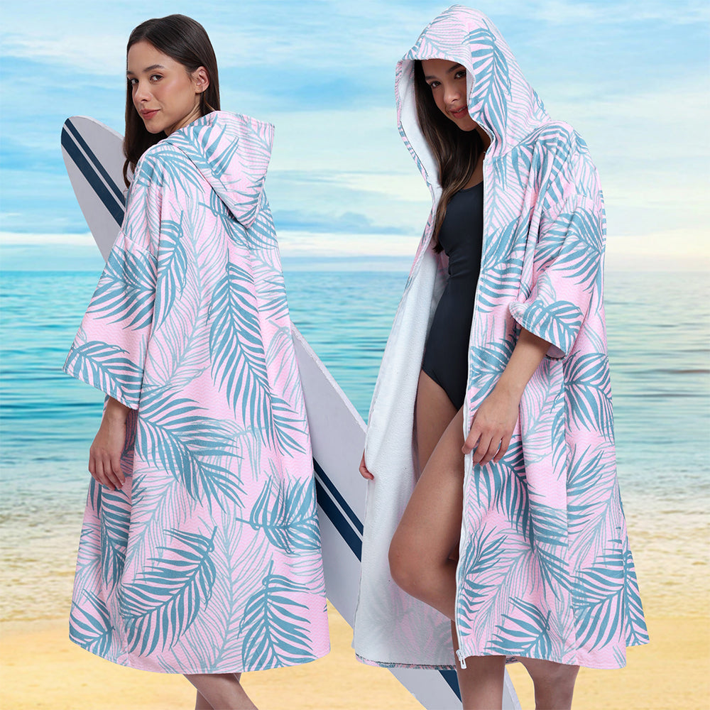 Unisex Hooded Towel Poncho Swim Parka for Adults - Pink Leaf