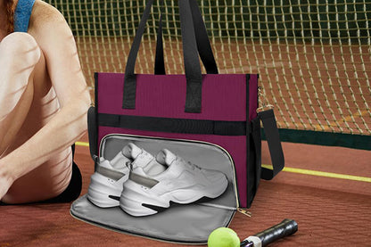 Lunch Tote Bag With Insulated Lunch Box Compartment For Travel Leisure-Wine Red