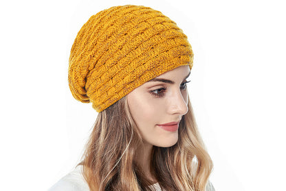 Men Women Unisex Winter Warm Fleece Lined Slouchy Knit Beanie Hat-Yellow
