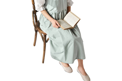 Cotton Linen Aprons Cross Back Apron with Pockets for Women with Pockets Pinafore Dress for Baking Cooking-Green
