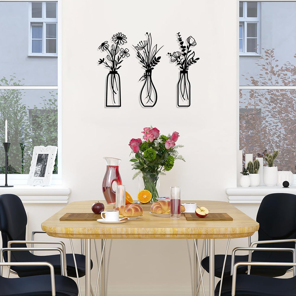 3Pcs Set Metal Flowers Wall Arts Minimalist Wall-Mount Flower Decors for Home Office Black