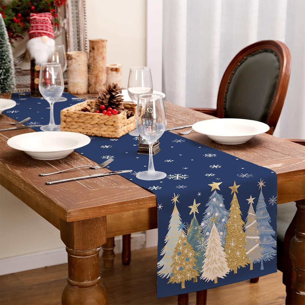 Christmas Table Runner with Xmas Trees Festive Tablecloth Cover for Kitchen Dinner Party Blue