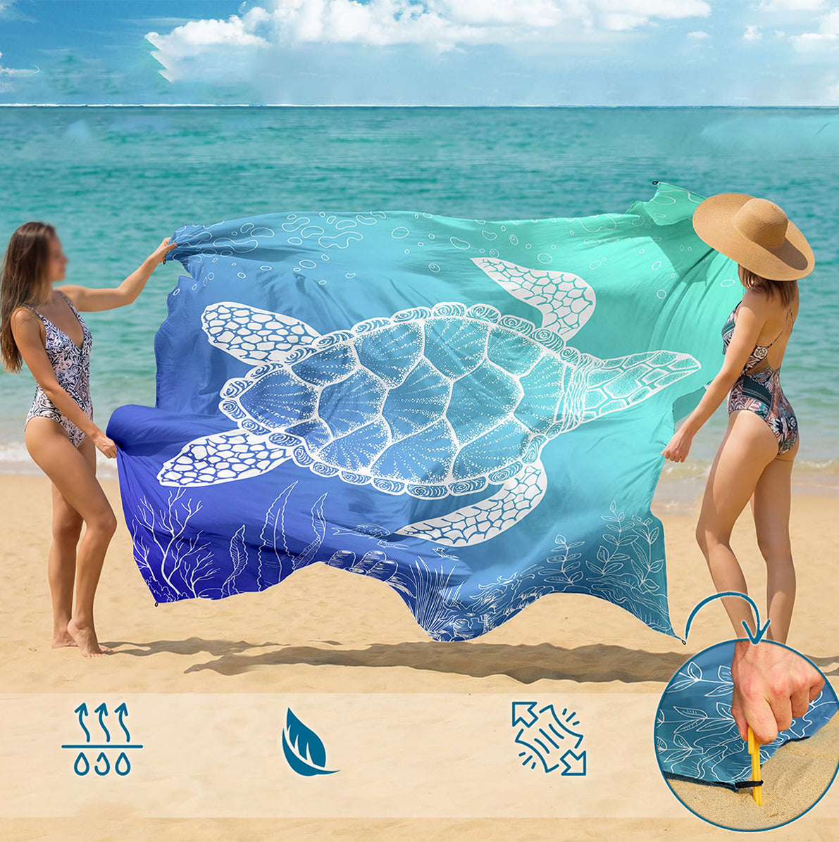 Waterproof Beach Mat Picnic Blanket with Stakes - Blue