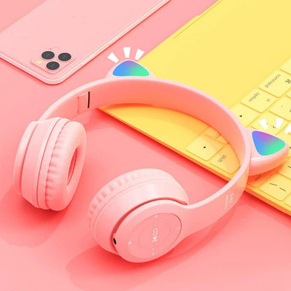 Bluetooth 5.0 Wireless Cat Shape Headphones with RGB Light Foldable Headset Pink