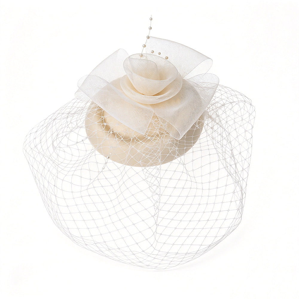 Vintage Mesh Rose Birdcage Veil Bridal Hair Headpiece - Beige