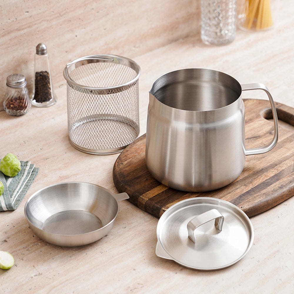 2L Stainless Steel Oil Filter Pot Versatile Oil Strainer Vessel Container Jug Storage Canwith Fryer Basket