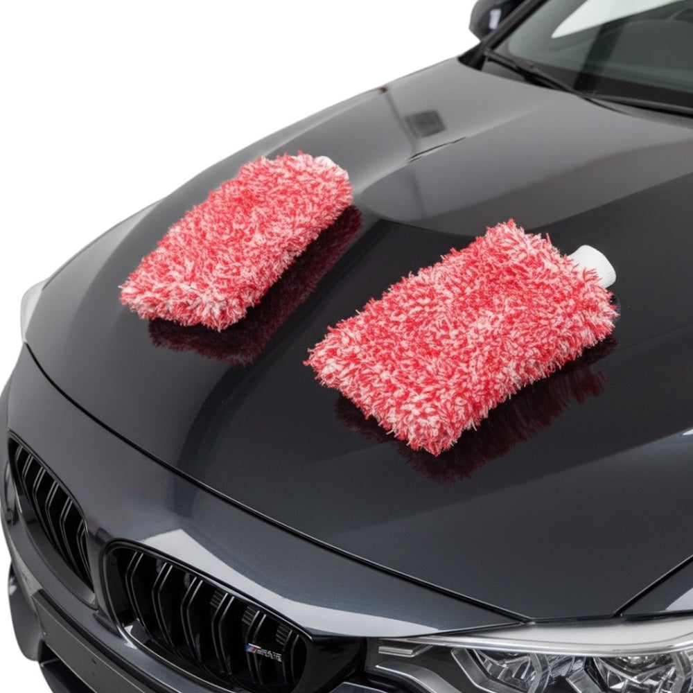 2PC Microfibre Wash Mitt Car Detailing High Density Long Pile Scratch Free Mitt with Elastic Cuff-Red
