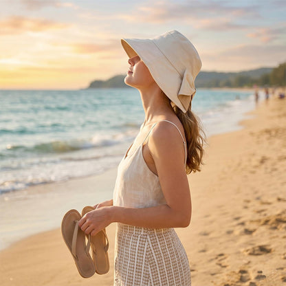 Wide Brim Bow Sun Hat Foldable Breathable Hat for Women - Beige