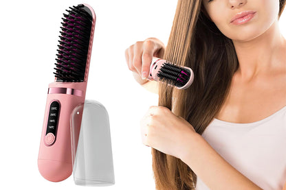 Hair Straightener Brush Anti-Scald Portable Straightening Brush Styling Tools -Pink