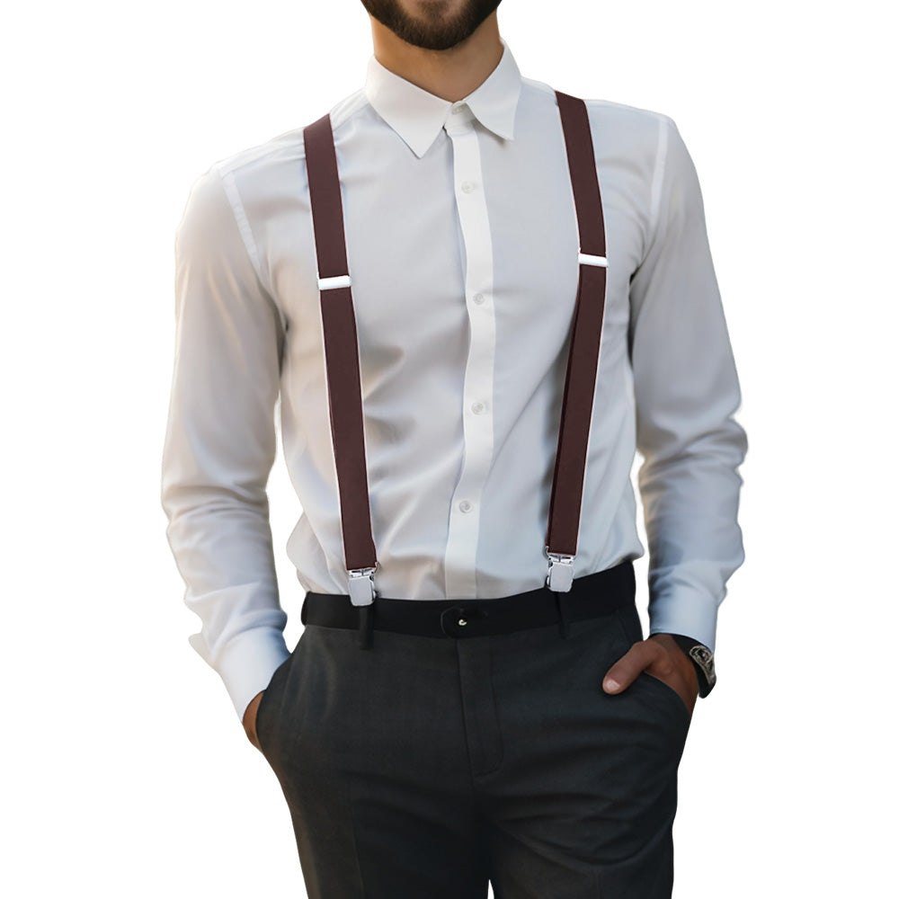 Mens X Back Elastic Suspenders with 4 Metal Clips - Coffee