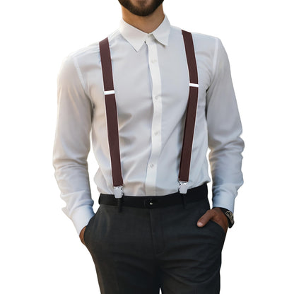Mens X Back Elastic Suspenders with 4 Metal Clips - Coffee