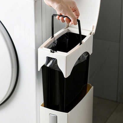 2-in-1 Slim Trash Can and Toilet Brush Set Bathroom Garbage Bin Wastebasket with Lid Gray