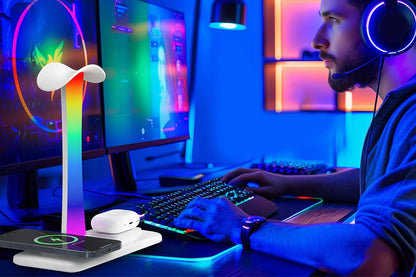 Headphone Stand with Wireless Charger Gaming Headset Stand with RGB Light for Airpod Pro iPhone Samsung -White