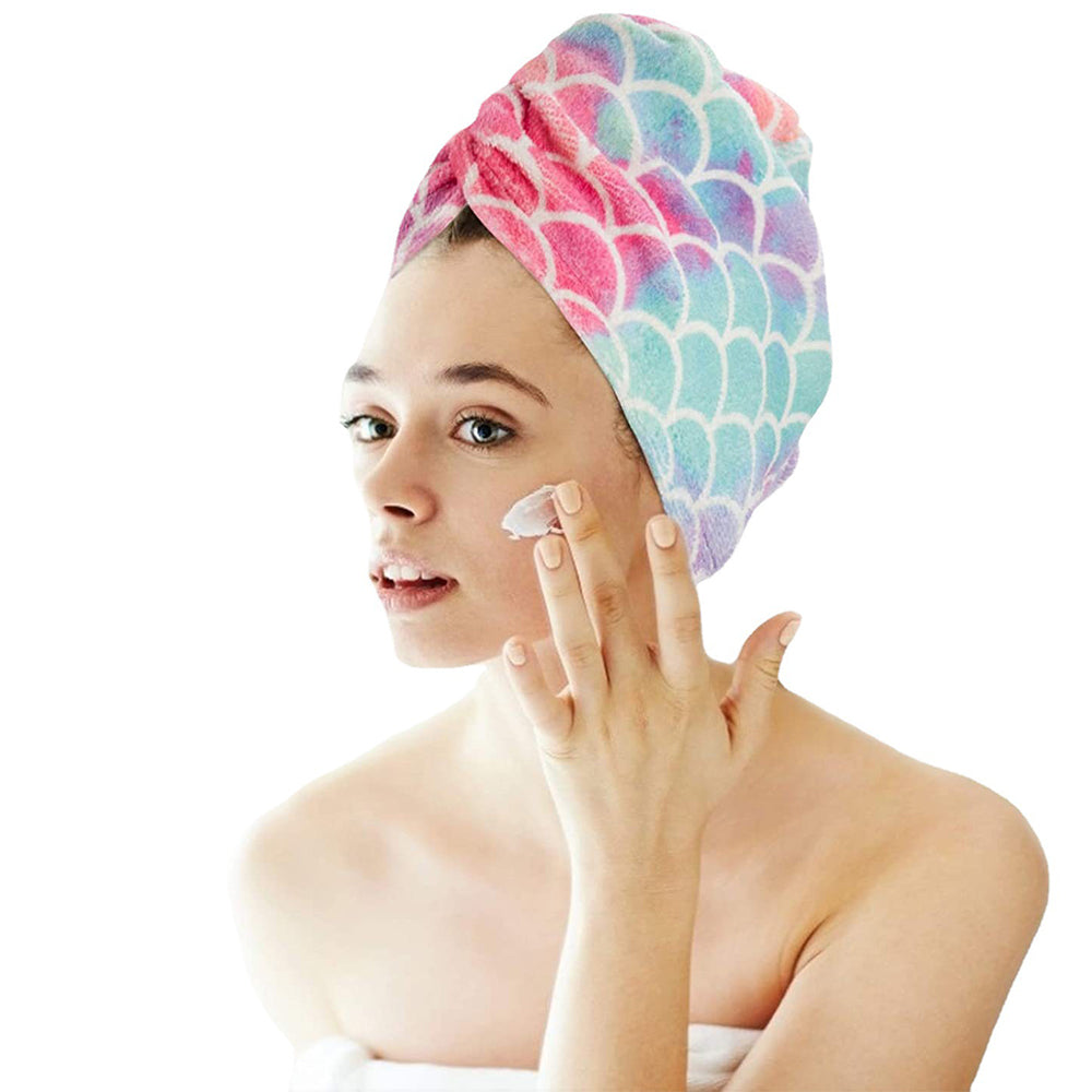 2 Pcs Fish Scales Style Print Microfiber Hair Drying Cap Yellow and Purple