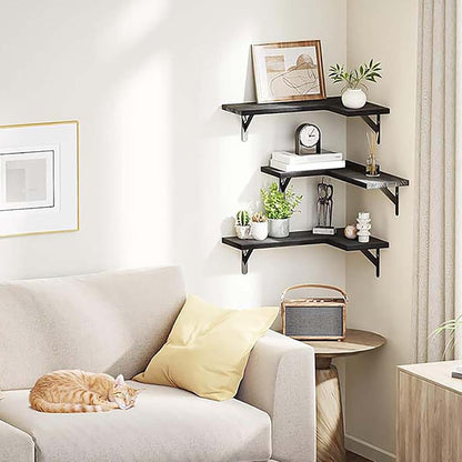 Corner Floating Shelves Set of 3 Wall Mounted Rustic Wood Storage Display Shelves-Black