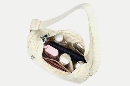 Puffer Crescent Shoulder Bag for Women Quilted Handbag with Adjustable Strap -Beige