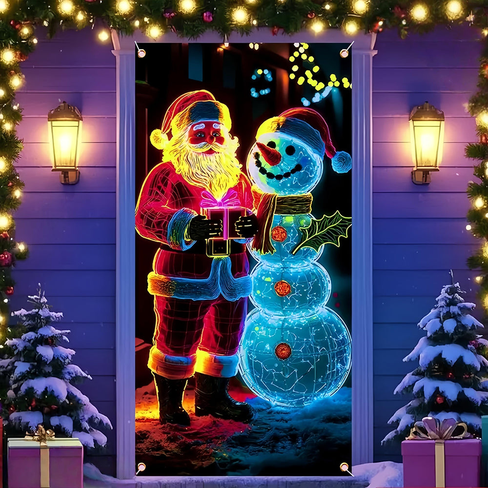 90x180cm 2D UV Reactive Christmas Glow Door Curtain - Santa Claus and Snowman