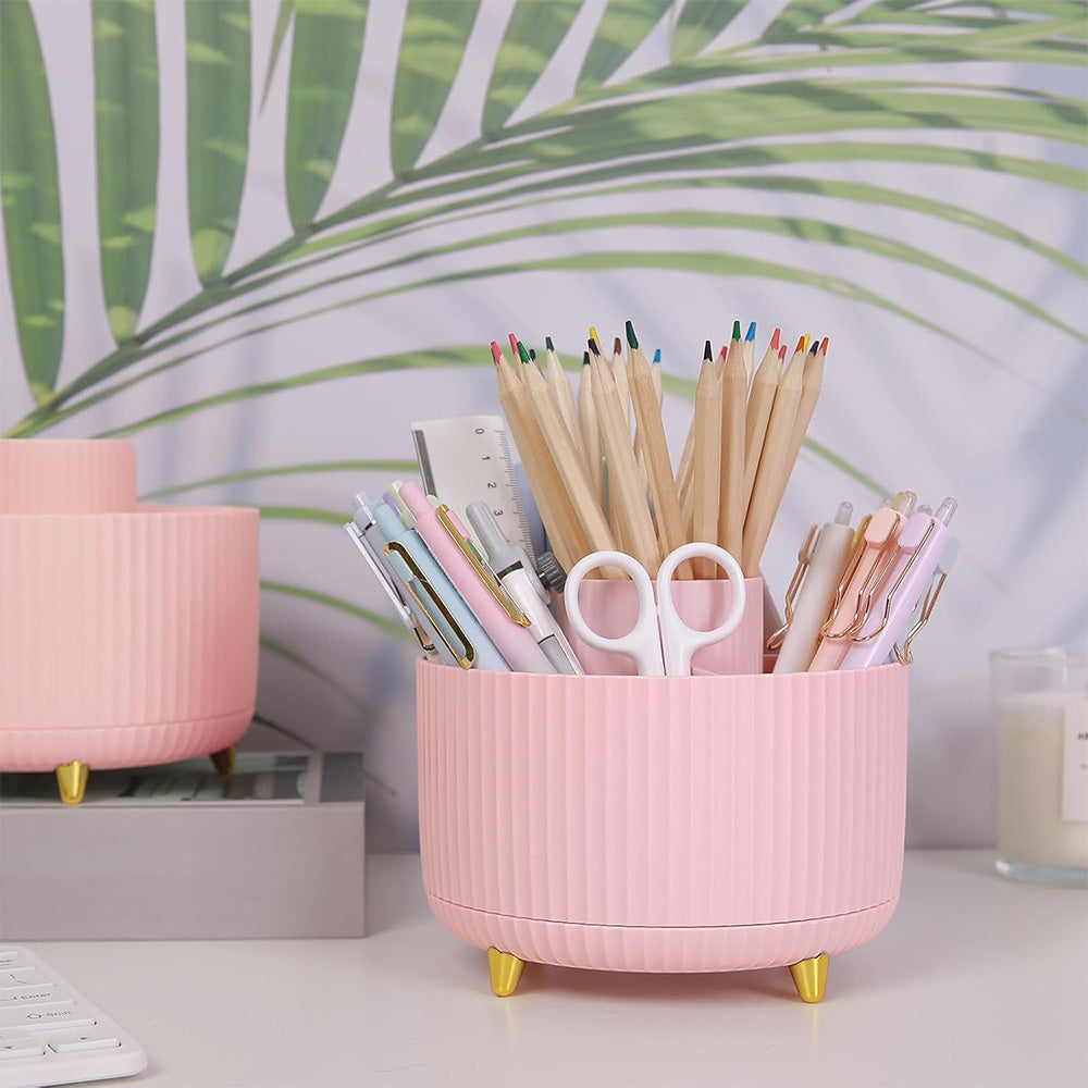 360 Degree Rotating Desk Organizer with 4 Slots For Pencil and Pen Holder-Pink