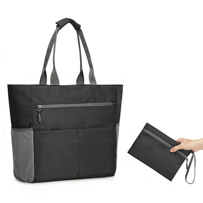 Beach Bag Large Foldable Sandproof Totes Bag With Zipper Beach Shoulder Bag-Black