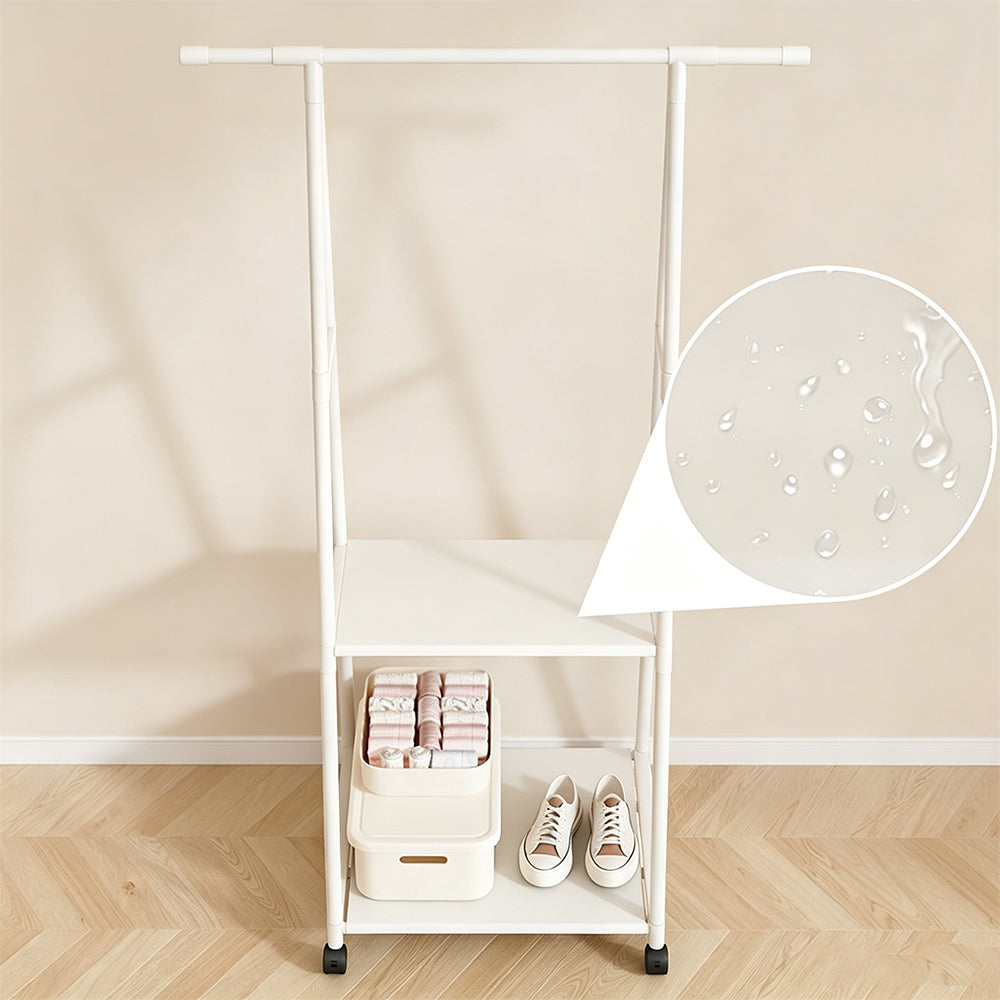 Free Standing Clothes Rack with Wheels and Shelf-White