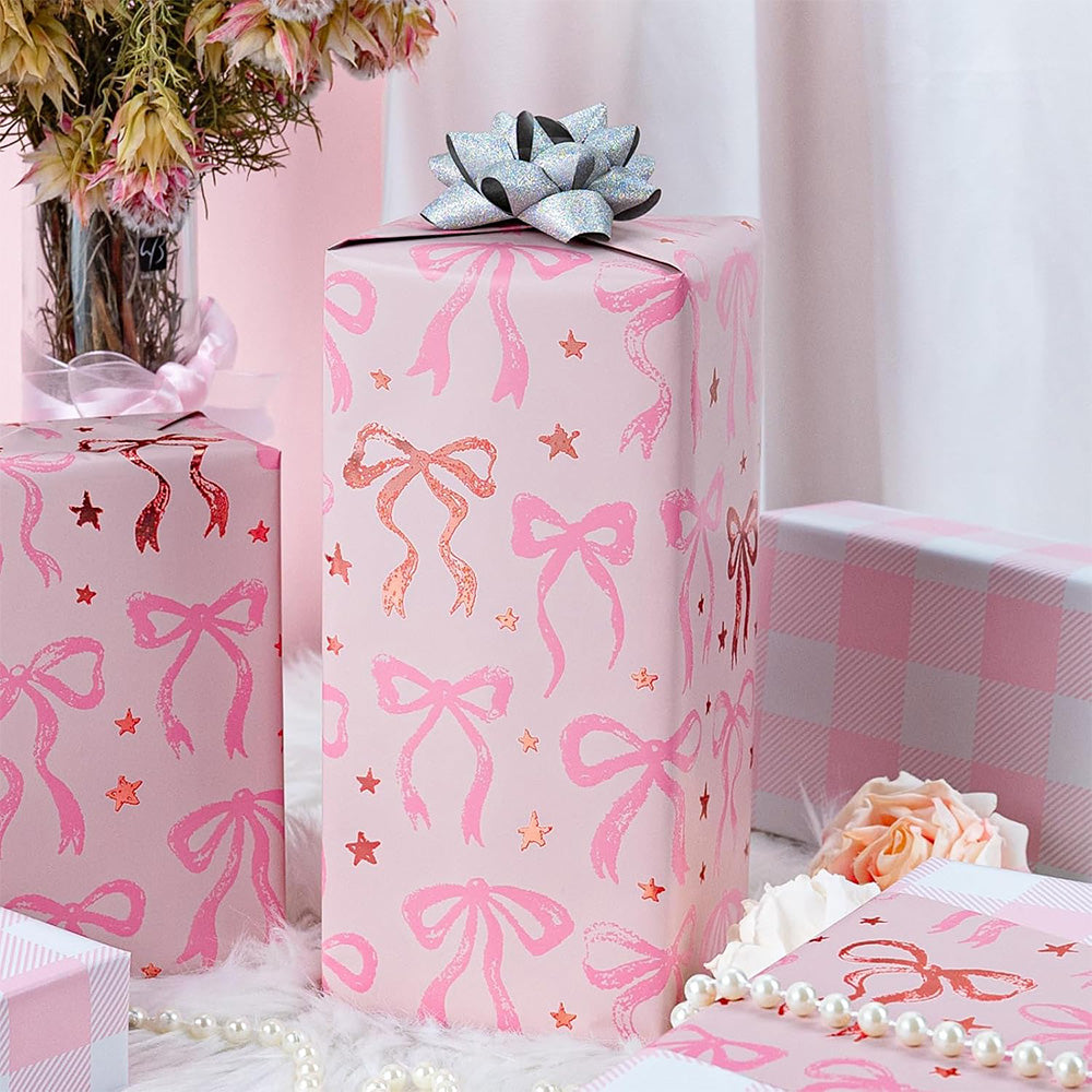 6 Sheet 70x50cm Coquette Bow Pattern Gift Wrapping Paper Set - Pink