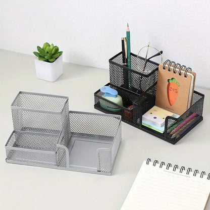 3 Compartment Mesh Pen Holder Desk Organizer Metal Office Supply Storage for Home School-Silver
