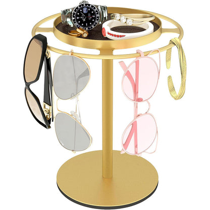 Metal Glasses Organizer Stand with Storage Tray Stylish Desk Organizer for Sunglasses Jewelry Gold