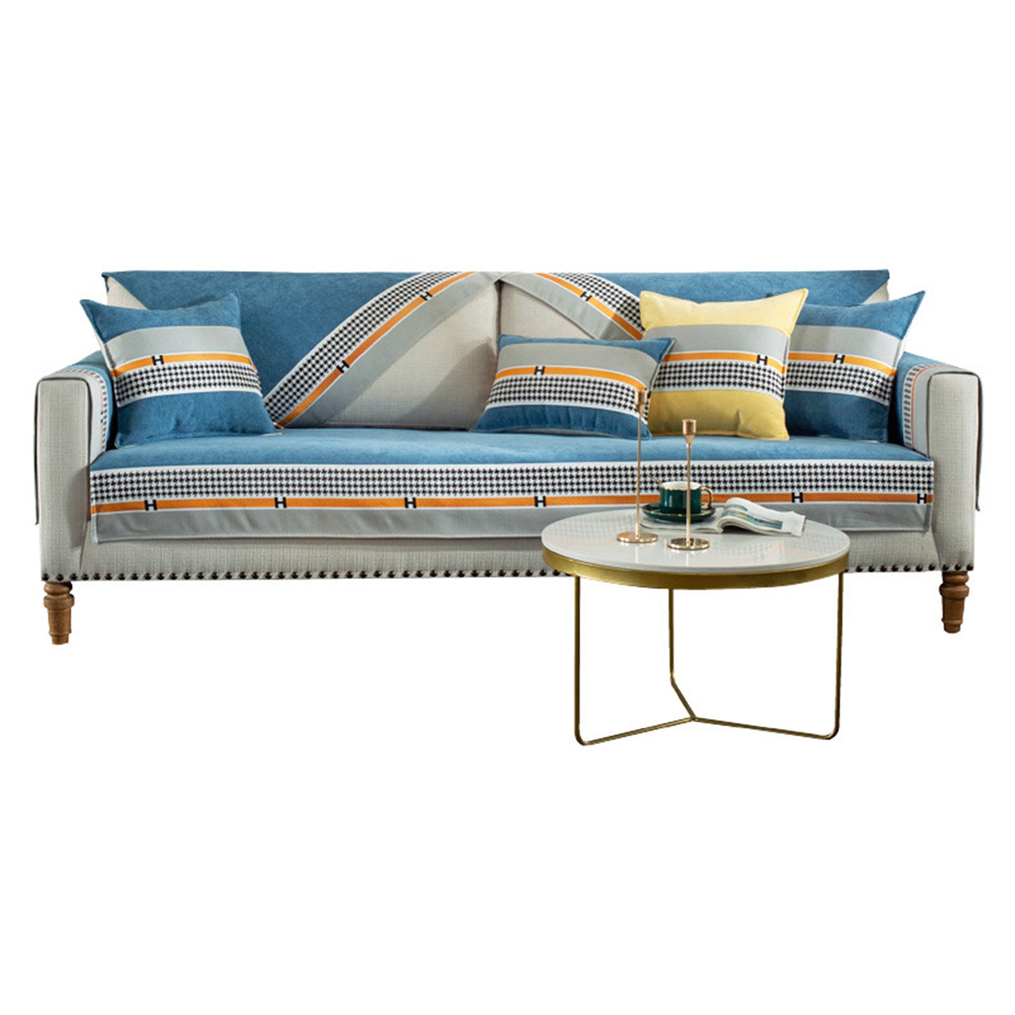 Plaid Couch Universal Furniture Protector Chenille Sectional Couch Covers -Blue