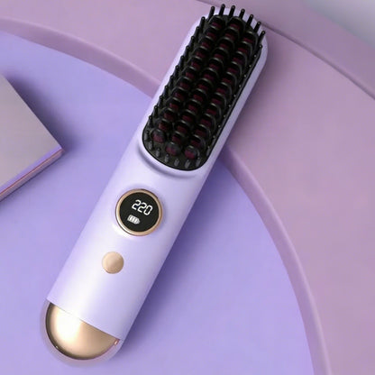 Cordless LCD Hair Straightening Brush 2-in-1 Portable Styling Tool for Travel-Purple