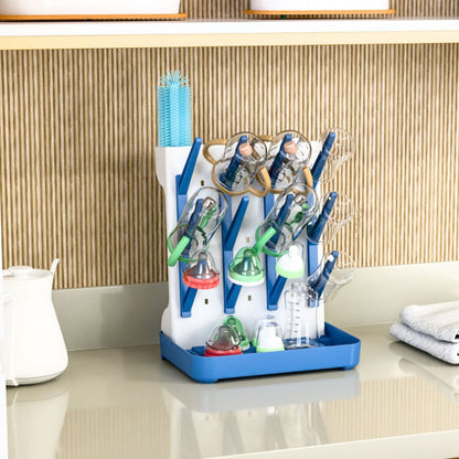 Detachable Bottle Drying Rack for 12 Bottles Space Saving Countertop Vertical Rack with Brushes Holder Blue