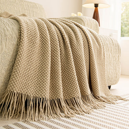 Vintage Knitted Throw Blanket with Tassels-Camel