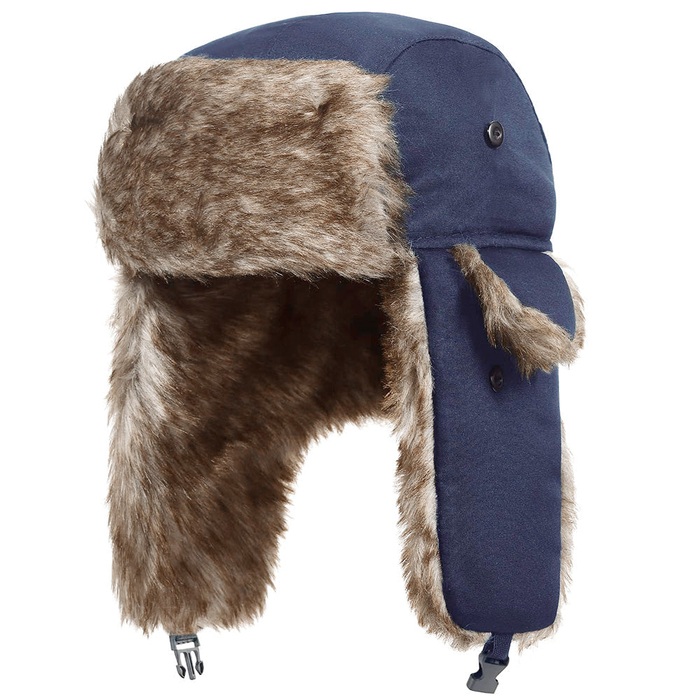 Trapper Hat with Warm Faux Fur ââ‚?Russian Bomber Pilot Winter Hat Dark Navy Blue