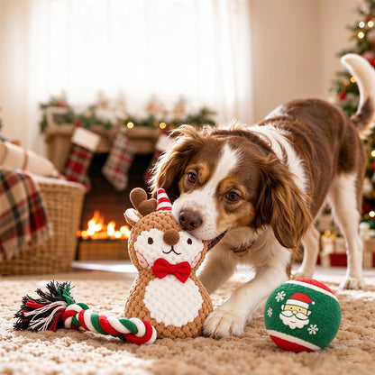 3 Pack Christmas Pet Squeaky Toy Gift with Plush Ball and Chew Rope - Deer