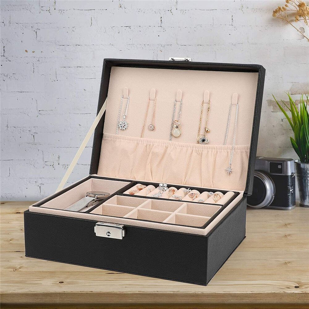 Jewellery Organiser Case Box Holder Storage Earring Ring Display with Lock and Key-Black
