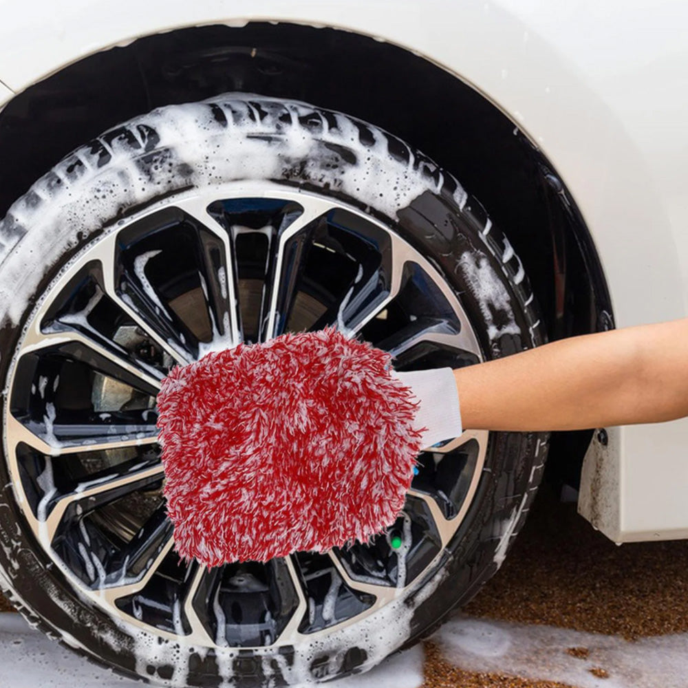 2PC Microfibre Wash Mitt Car Detailing High Density Long Pile Scratch Free Mitt with Elastic Cuff-Red