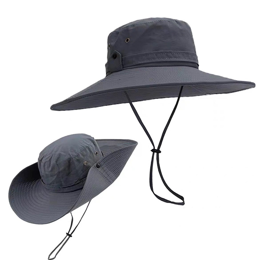 Wide Brim Boonie Hat Outdoor Sun Shade Hat with Chin Strap Gray